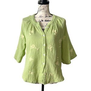 Wrap London Top Gauze Cotton Green Embroidered Button-Up Womens Size 8